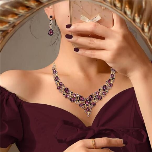 Bridal Wedding Jewelry Set Crystal Teardrop Necklace Dangle Earrings Women Gift - Picture 2 of 7